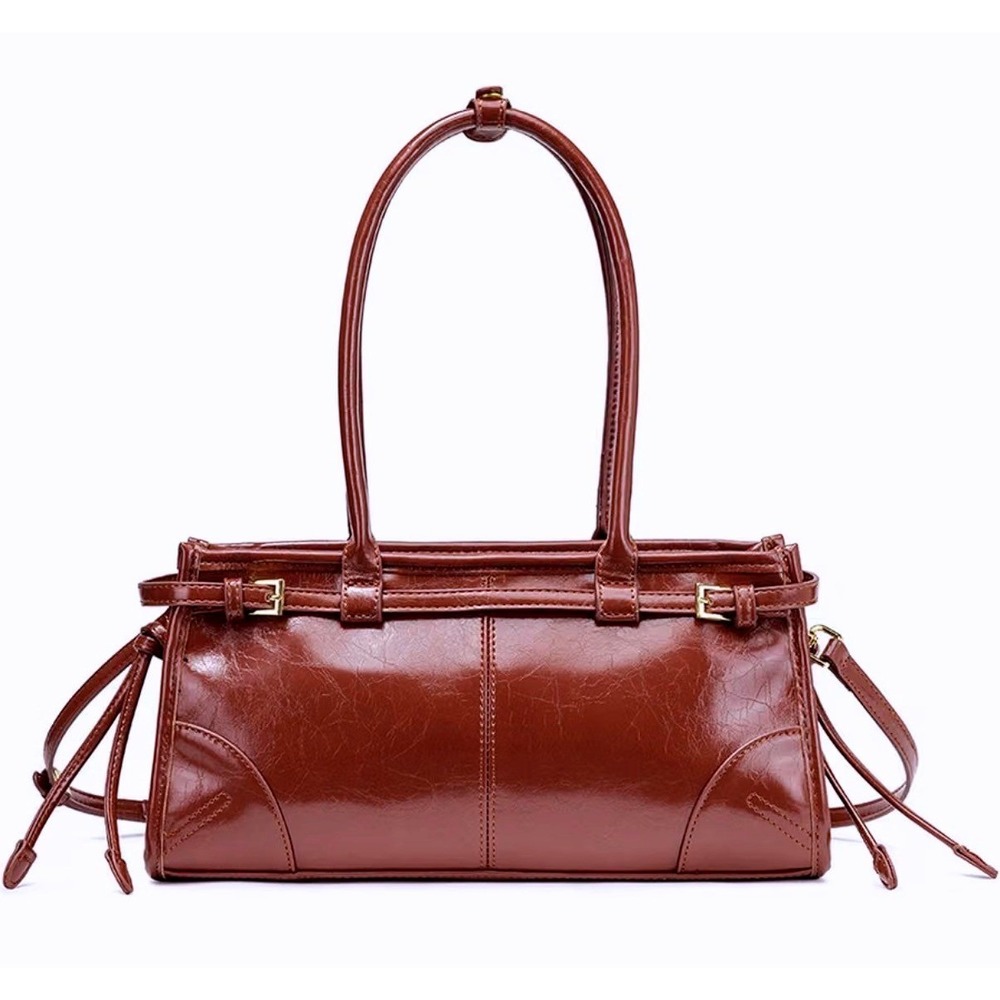 NEWBELLA Burgundy Faux Leather Shoulder Bag Y2K Rectangular Buckle Baguette